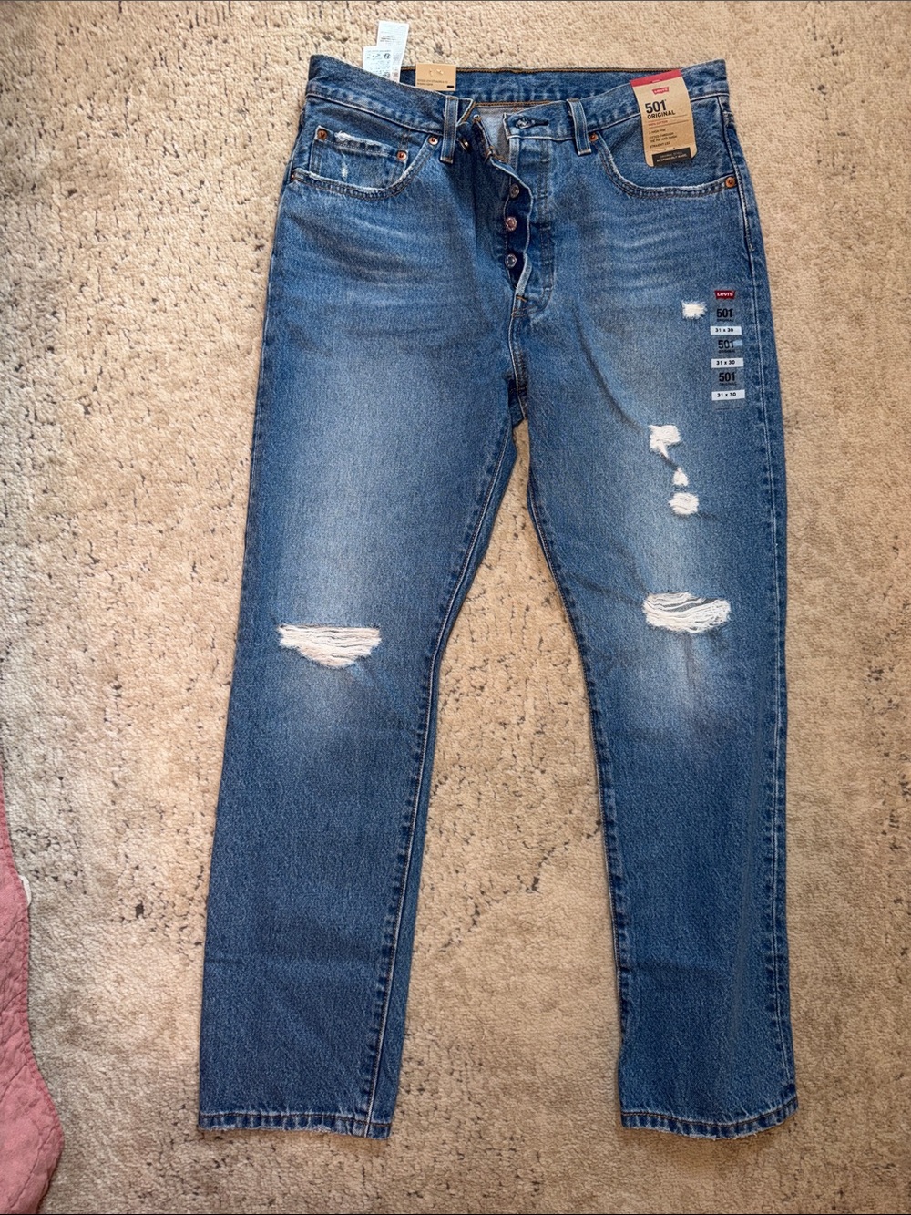 Levi's 501 Straight Leg Distressed Blue Jeans